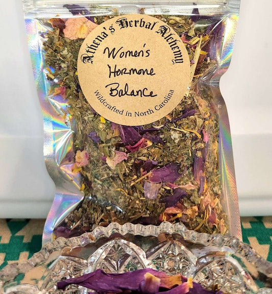Women's Hormone Balance Tea in Tin or Mylar Bag, Raspberry Leaf, Damiana, Blue Lotus, Rose Petals & Mugwort, Tea bags included - Athena's Herbal Alchemy